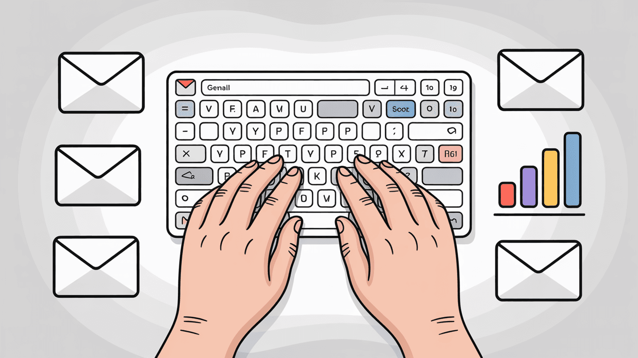 Hands typing on keyboard with Gmail interface, showing email productivity through keyboard shortcuts